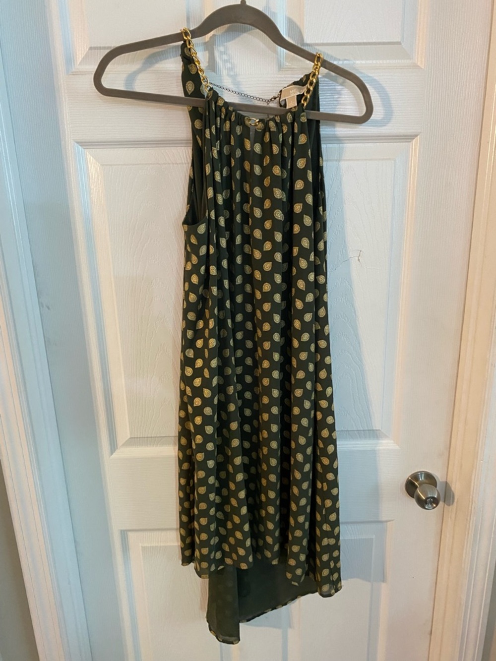 Michael Kors Olive Green and Gold Polka Dot Asymmetrical Halter Dress